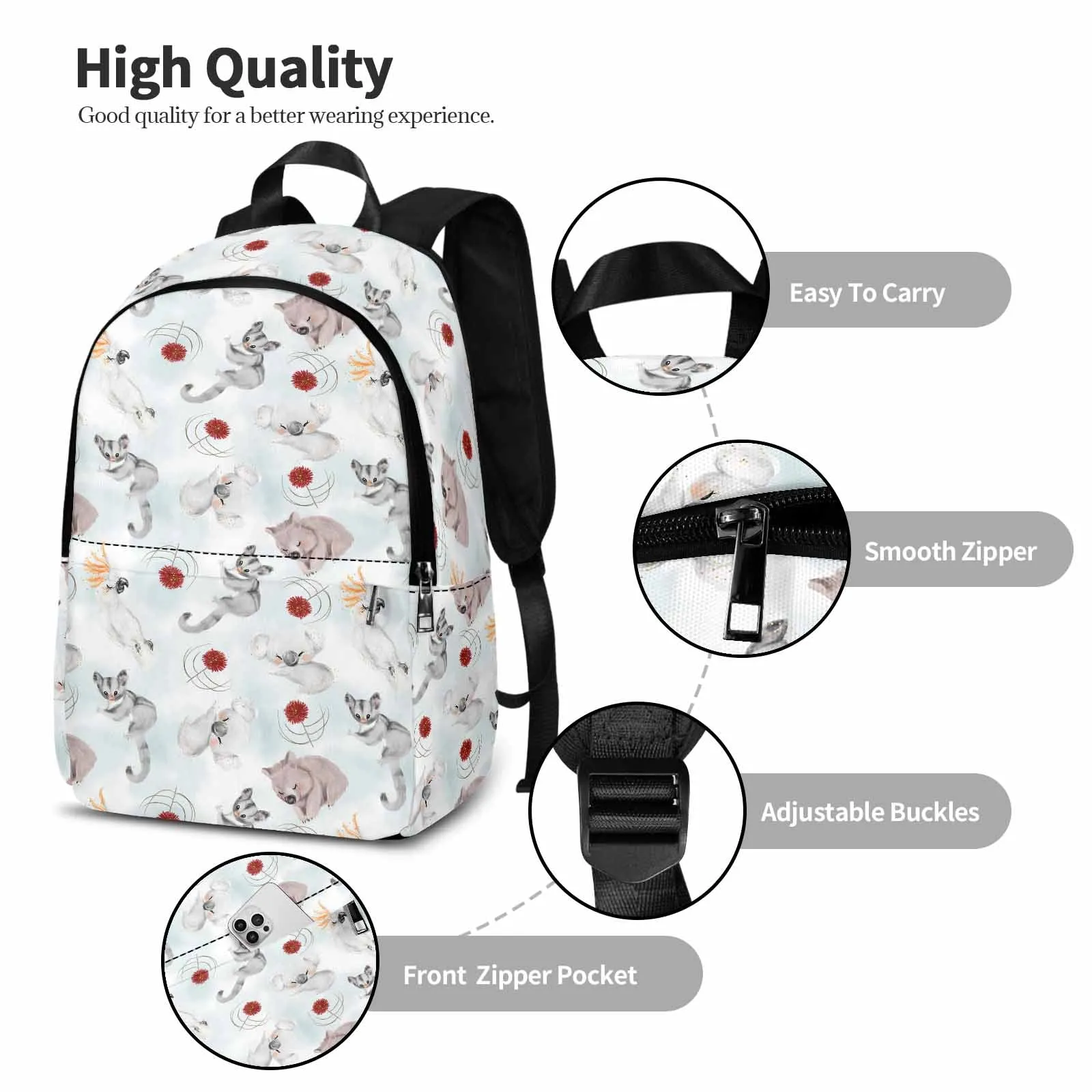 Australian Animals Koala, Sugar Glider, Wombat  Adult Casual Backpack