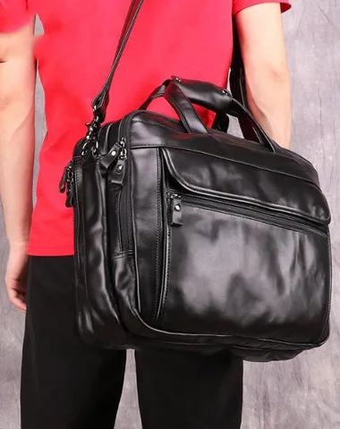 Black Leather Mens 15 inches Large Laptop Work Bag Handbag Briefcase Shoulder Bags Business Bags For Men