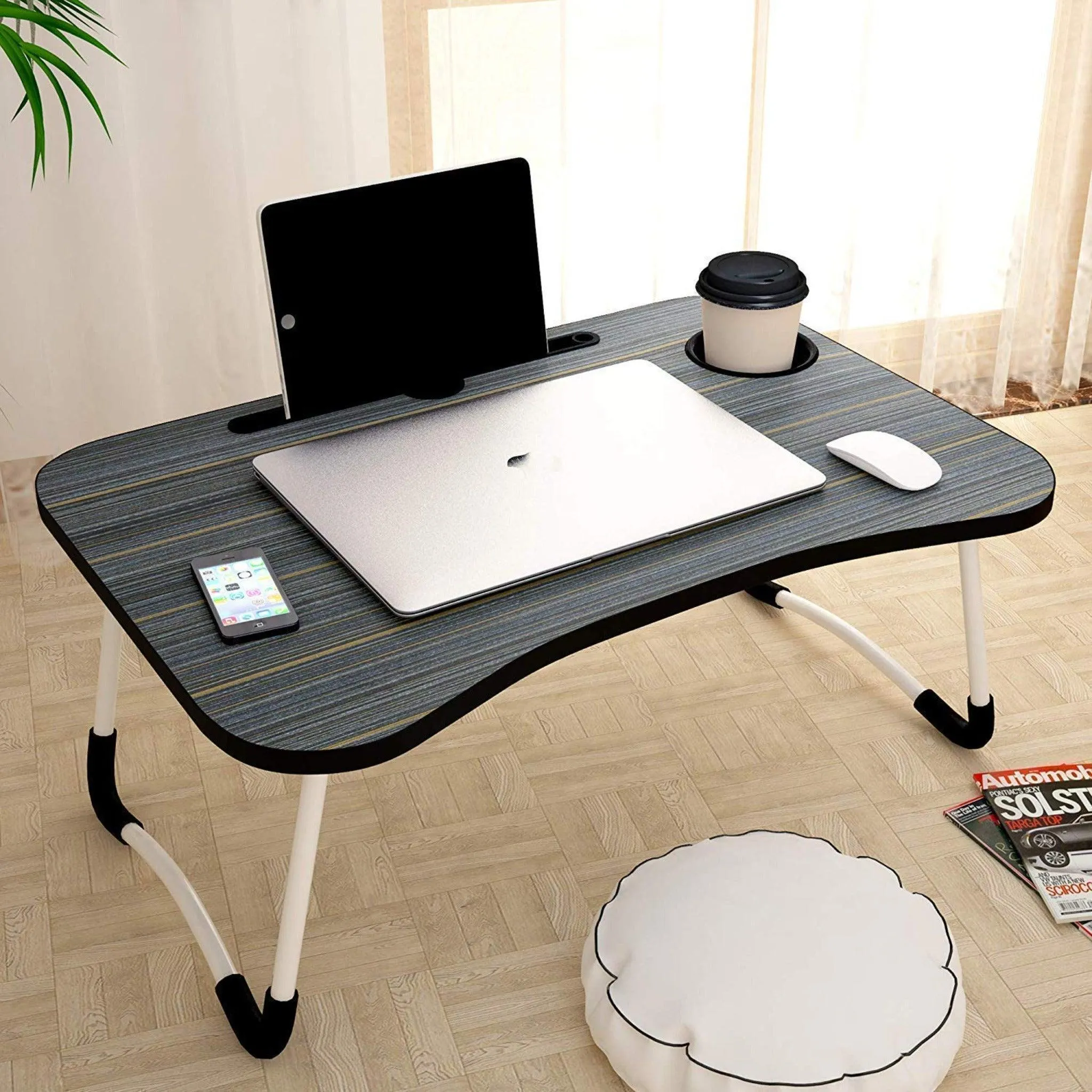 Foldable Laptop Table With Cup Holder And Mobile Tablet Holder (Grey)