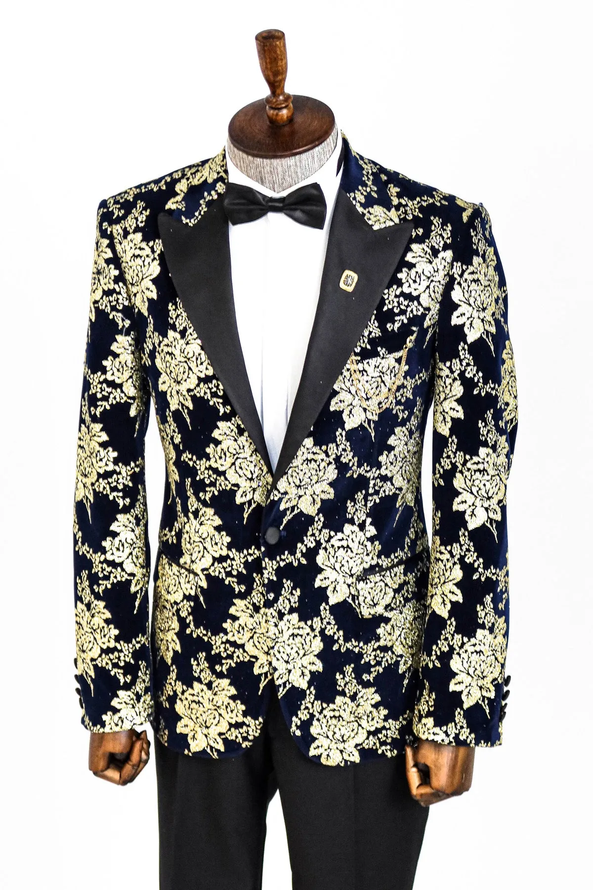 Gold Floral Patterned Navy Blue Men  Party Blazer - Wessi