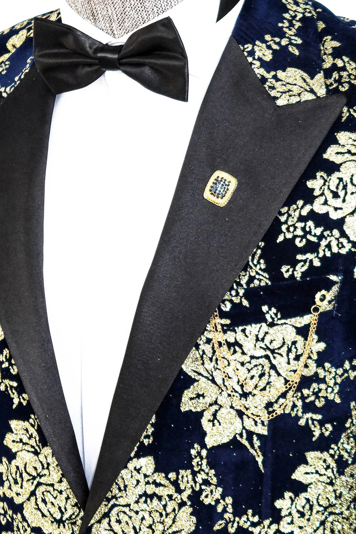 Gold Floral Patterned Navy Blue Men  Party Blazer - Wessi