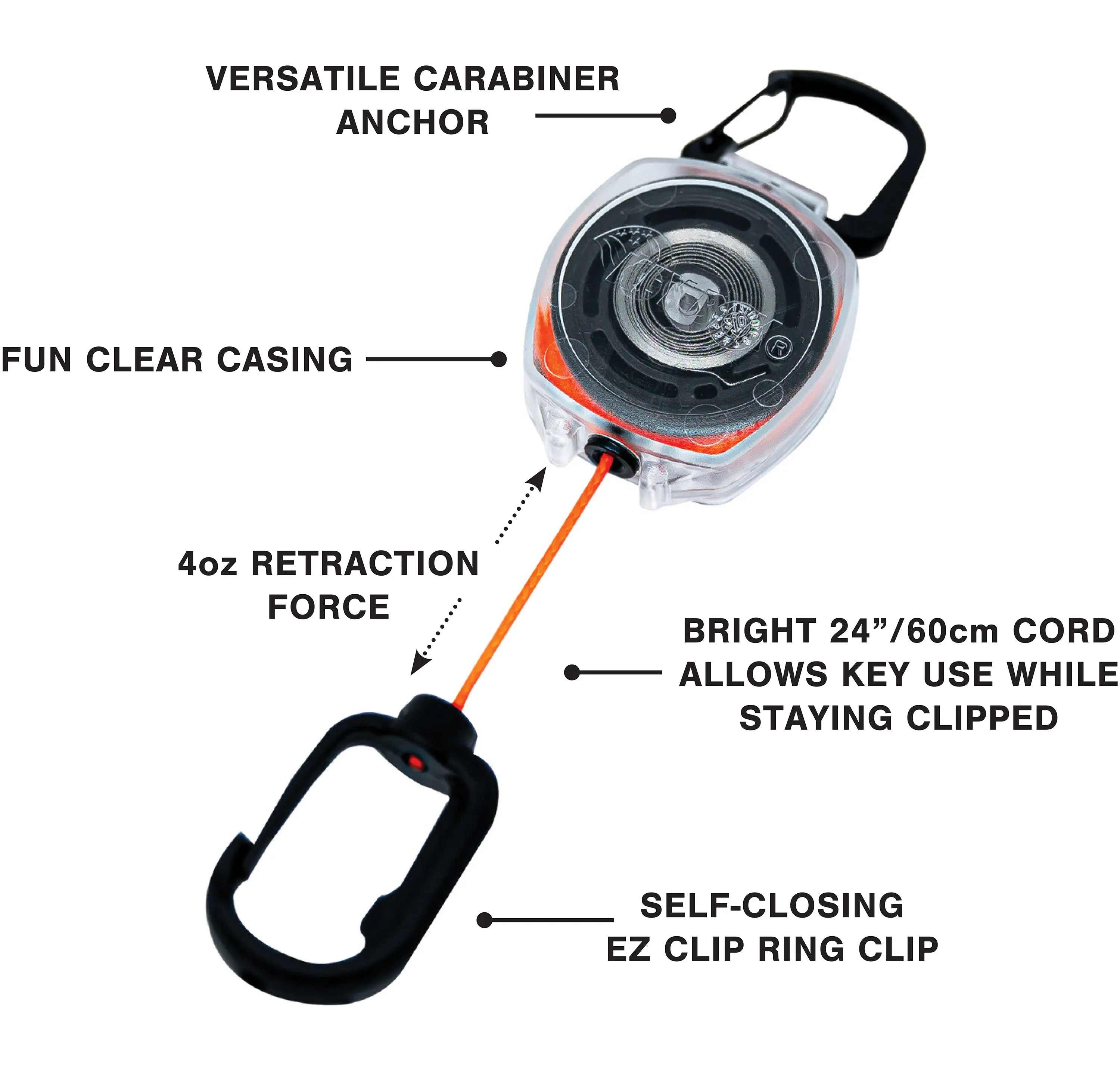 Key-Connect 24" Kids Clear Retractable Keychain with Dual Carabiners and Orange Cord