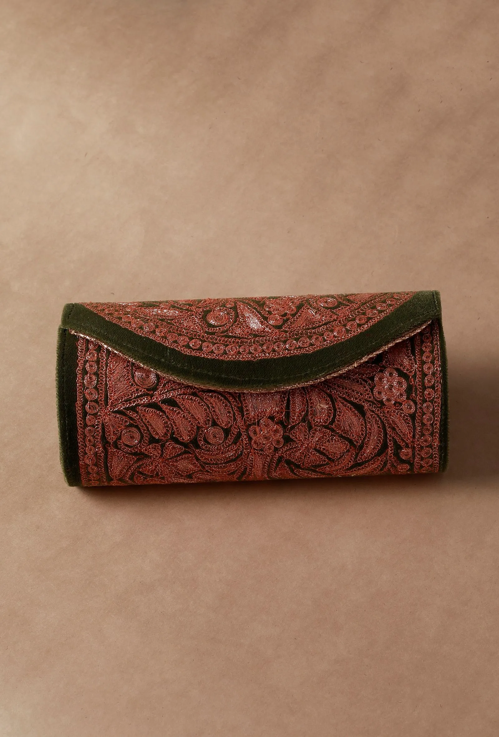 Olive Green Velvet Silver Embroidered Clutch