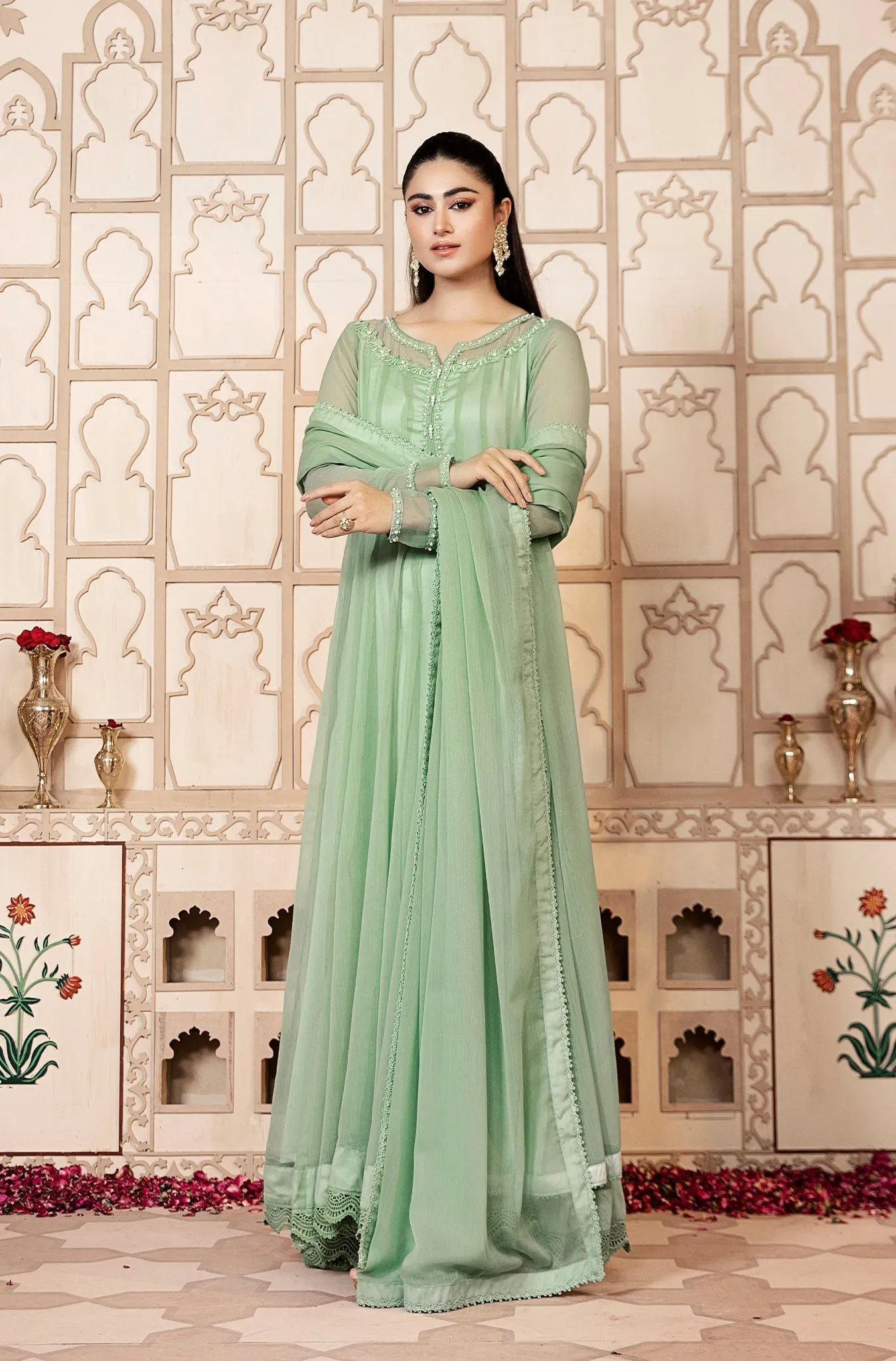 Pistachio Embellished Chiffon Frock (Ayzel)