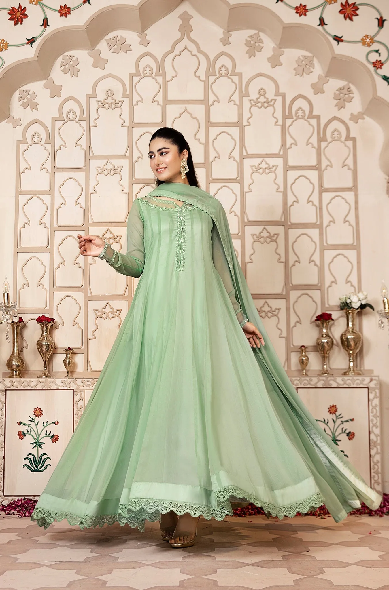 Pistachio Embellished Chiffon Frock (Ayzel)