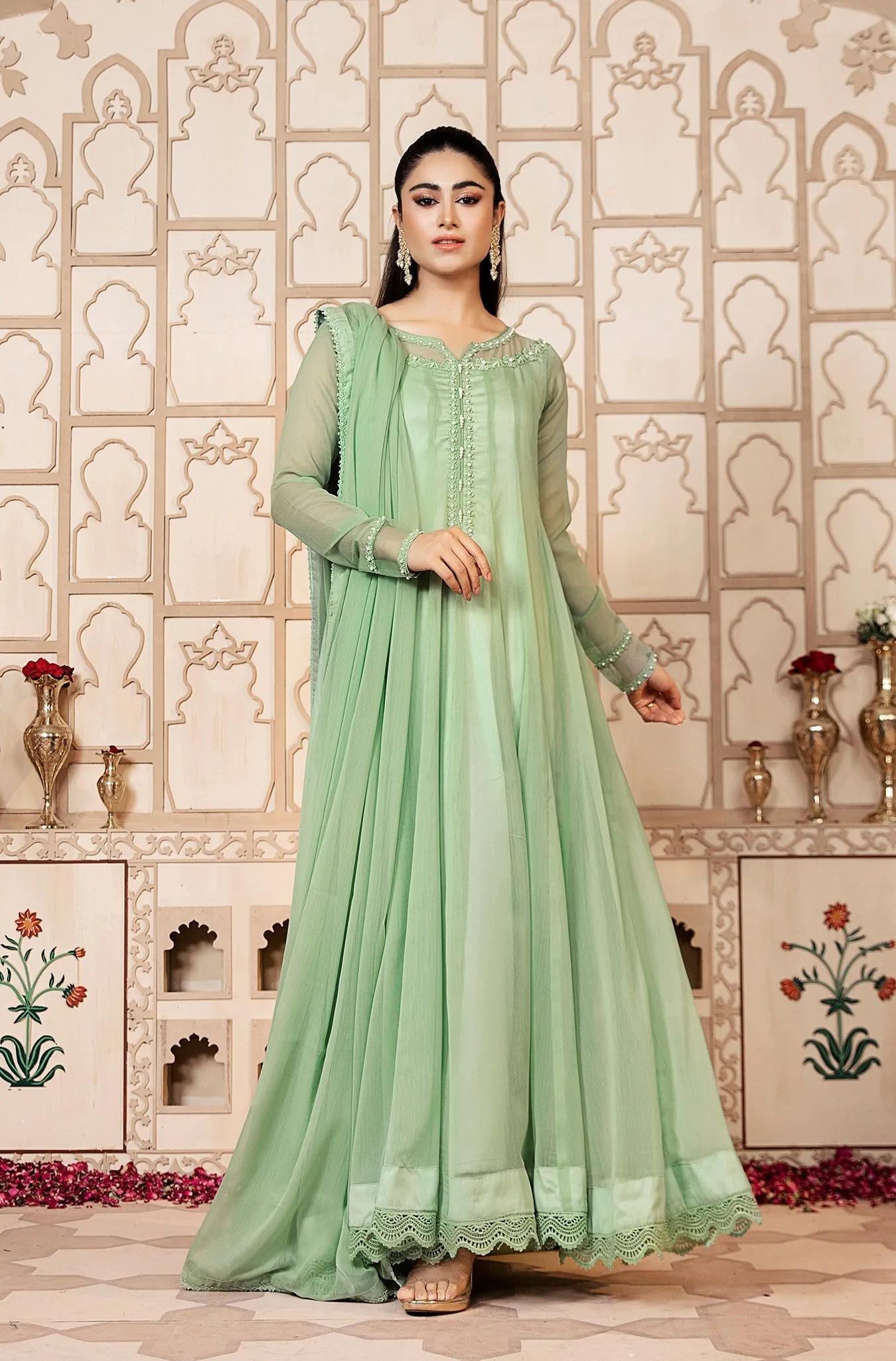 Pistachio Embellished Chiffon Frock (Ayzel)