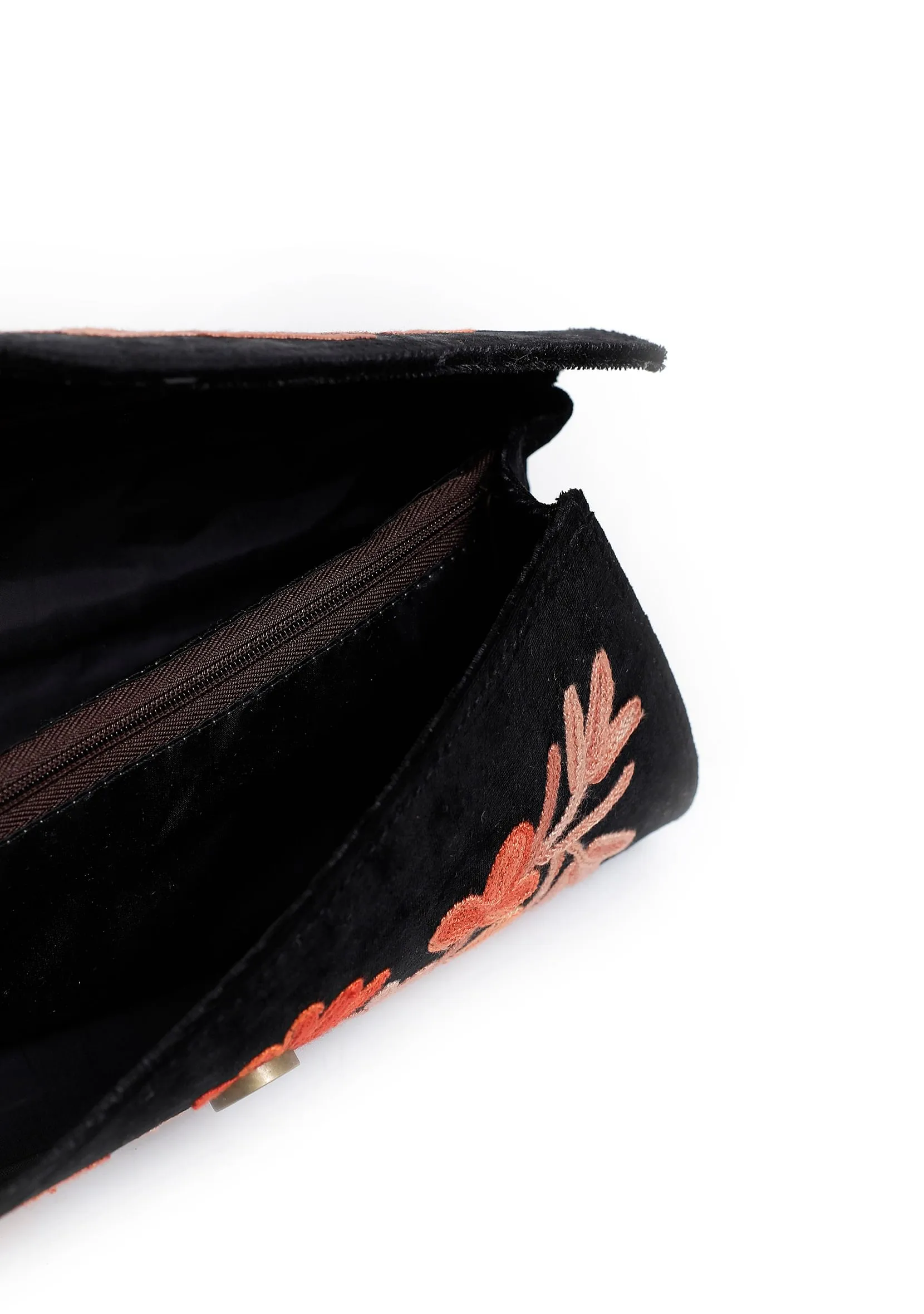 Rose Black Tilla Embroidery Velvet Clutch