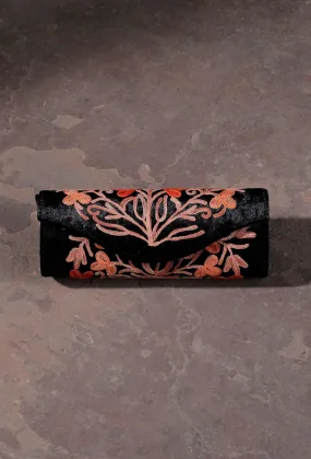 Rose Black Tilla Embroidery Velvet Clutch