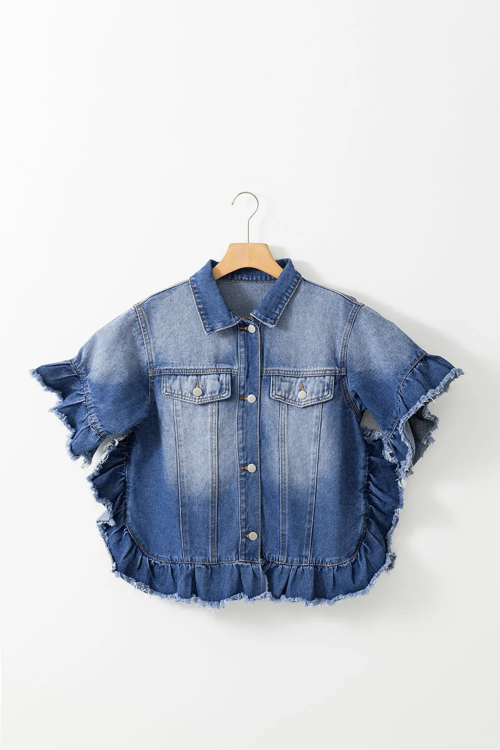 Ruffled Raw Hem Half Sleeve Denim Top