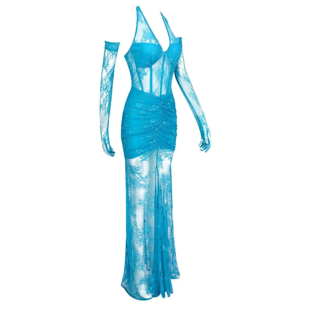 Satin Halter Bustier Lace Mermaid Maxi Dress