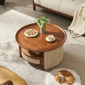 SOLID ASH WOOD & RATTAN COFFEE TABLE