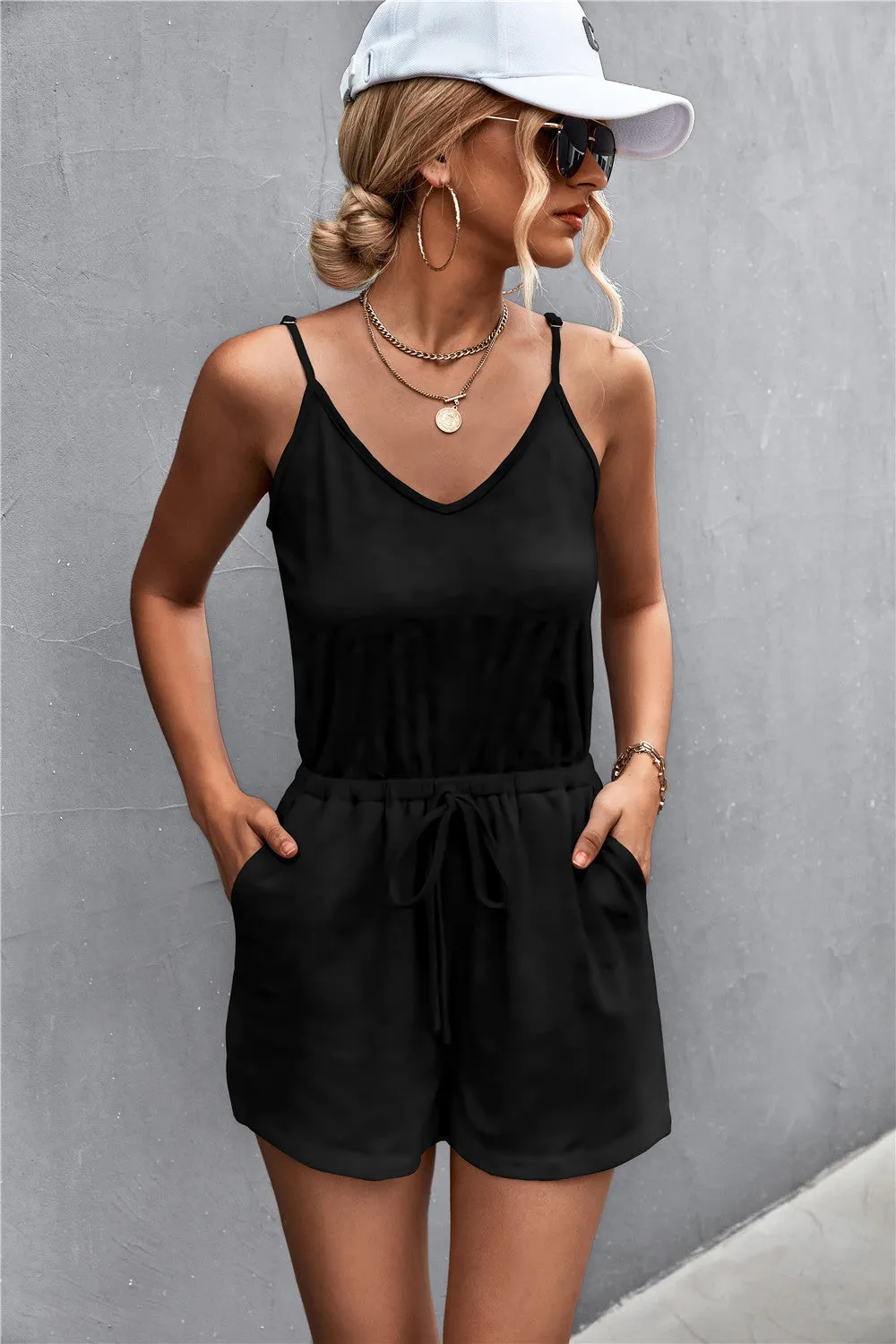 Spaghetti Strap V-Neck Pocket Romper